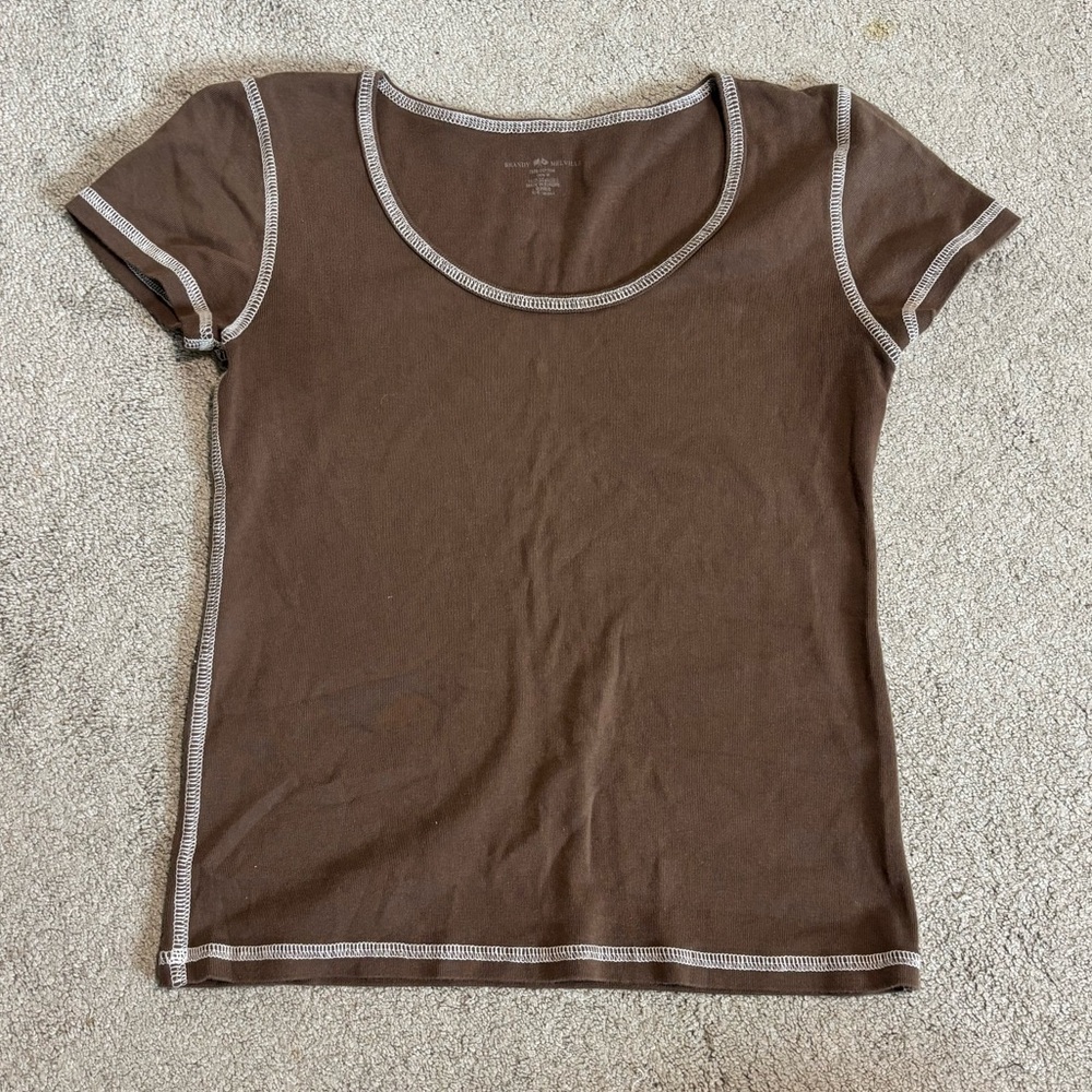 Brandy Melville Brown Baby Tee with White baby tee with white stitching